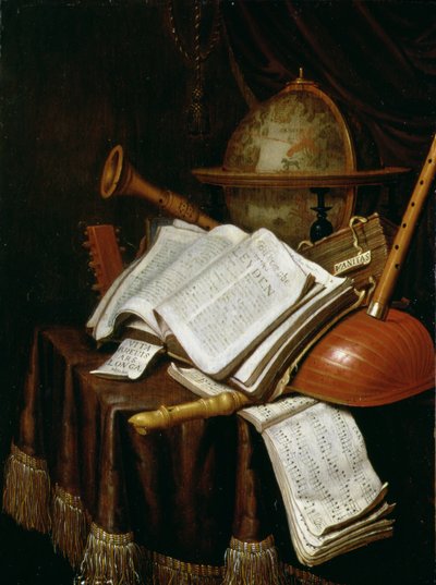 Vanitas with a Globe, Musical Scores and Instruments by Edwaert Colyer or Collier